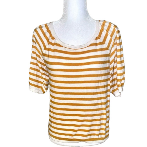 Ann Taylor Caramel White Stripe Sweater Tee, Size MP - Picture 1 of 7